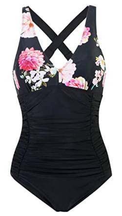 Laorchid Damen Badeanzug v Ausschnitt Einteilige Push up bademode Swimsuit Frauen high Waist Badeanzug Damen bauchweg Schwarz Mit Blumen 3XL von LA ORCHID