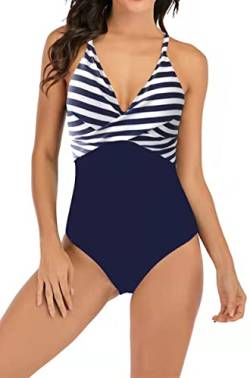 Laorchid Damen Badeanzug v Ausschnitt Sexy high Waist Badeanzug Swimsuit Sport Einteiler bademode Tankini Push up Navy Blau mit weiß Streifen XL von LA ORCHID