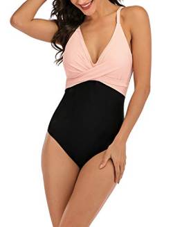 Laorchid Damen Badeanzug v Ausschnitt Sexy high Waist Badeanzug Swimsuit Sport Einteiler bademode Tankini Push up Rosa XXL von LA ORCHID