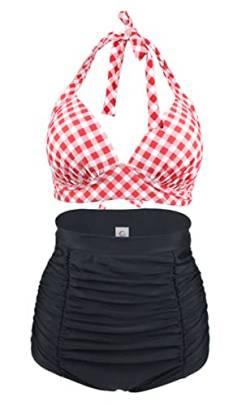 Laorchid Damen Bandeau Bikini Set sexy high Waist bademode Push up Badeanzug gepolstert Retro Neckholder Tankini Kariert Rot & Weiss XXXL von LA ORCHID