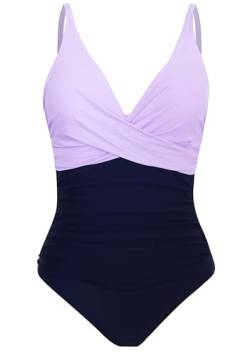 Laorchid einteiliger Badeanzug bademode v Ausschnitt Damen Badeanzug bauchweg Push up Bademode Swimsuit high Waist Schwimmanzug Dunkel Violett mit dunkel Blau 3XL von LA ORCHID