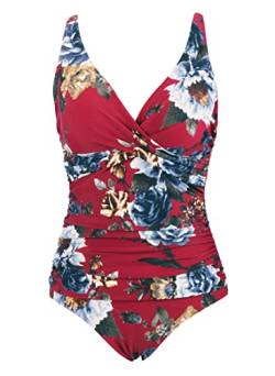 Laorchid einteiliger Badeanzug bademode v Ausschnitt Damen Badeanzug bauchweg Push up Bademode Swimsuit high Waist Schwimmanzug engmaschig Rot mit Blumen 4XL von LA ORCHID