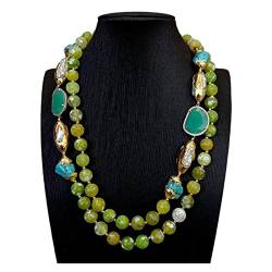 LABDIP Ketten für Damen 2 Reihen Grüner Achat Blauer Türkis Kristall Weiß Biwa Perlenkette Modeschmuck Mode-Accessoires von LABDIP