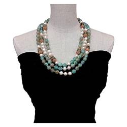 LABDIP Ketten für Damen 3 Reihen 12mm grüner Achat Dzi Achat Süßwasser kultivierte weiße Perlenkette handgefertigte Damen Designer Schmuck Mode-Accessoires von LABDIP