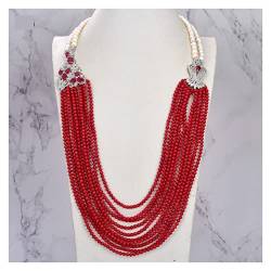 LABDIP Mode-Accessoires Schmuck 10 Reihen natürliche weiße Perlen-runde rote Korallen-Blumen-Halsketten-Dame Jewelry erfüllen von LABDIP