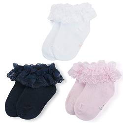 LACOFIA 3 Paare Baby Mädchen Socken Neugeborenes Baumwolle Rüschen Spitze Taufe Socken 6-12 Monate von LACOFIA