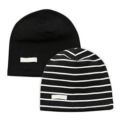 LACOFIA Baby Jungen Beanie Mütze Kinder Weiche Baumwolle Strickmützen Kleinkind Gestreift Hut 2 Stücke Schwarz L/3-7 Jahre von LACOFIA