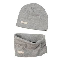 LACOFIA Baby Jungen Mädchen Beanie Mütze und Loop Schal Set Kinder Weiche 100% Baumwolle Strickmützen Kleinkind Hut und Kragen Schals Hellgrau 3-7 Jahre von LACOFIA