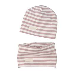 LACOFIA Baby Jungen Mädchen Beanie Mütze und Loop Schal Set Kinder Weiche 100% Baumwolle Strickmützen Kleinkind Hut und Kragen Schals Rosa Streifen 3-7 Jahre von LACOFIA