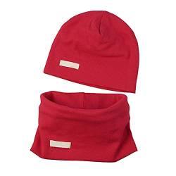 LACOFIA Baby Jungen Mädchen Beanie Mütze und Loop Schal Set Kinder Weiche 100% Baumwolle Strickmützen Kleinkind Hut und Kragen Schals Rot 0-6 Monate von LACOFIA