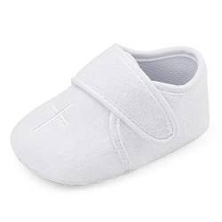 LACOFIA Baby Jungen Mädchen Taufschuhe Klettverschluss Babyschuhe Zeremonie Weiche Sohle Krabbelschuhe Weiß 3-6 Monate von LACOFIA