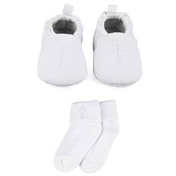 LACOFIA Baby Jungen Mädchen rutschfest Weiche Sohle Weiß Taufe Schuhe mit Bestickten Cross Socken 0-3 Monate von LACOFIA
