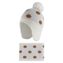 LACOFIA Baby Mädchen Wintermütze und Loop Schal Set Kleinkind Winter Warme Earflap Beanie Hut Kinder Fleece Futter Strickmützen und Schlauchschal Set Weiß 1-2 Jahre M von LACOFIA