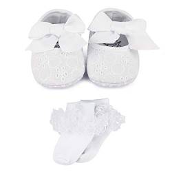 LACOFIA Baby Mädchen rutschfest Weiche Sohle Bowknot weiß Taufe Schuhe mit Bestickten Kreuz Taufe Socken 0-3 Monate von LACOFIA