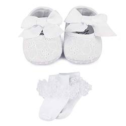 LACOFIA Baby Mädchen rutschfest Weiche Sohle Bowknot weiß Taufe Schuhe mit Bestickten Kreuz Taufe Socken 12-18 Monate von LACOFIA