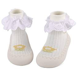 LACOFIA Baby Sockenschuhe Kleinkind Mädchen Stricken Hausschuhe Socken mit rutschfest Gummisohle Baby Lauflernschuhe Weiß Spitze 12-18 Monate von LACOFIA