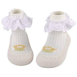 LACOFIA Baby Sockenschuhe Kleinkind Mädchen Stricken Hausschuhe Socken mit rutschfest Gummisohle Baby Lauflernschuhe Weiß Spitze 6-12 Monate von LACOFIA