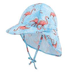 LACOFIA Baby Sonnenhut mit Bindebändern und Nackenschutz Kinder Strand Mützen Kleinkind Sommer Visier Cap Blau Flamingo 2-5 Jahre von LACOFIA