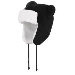 LACOFIA Baby Wintermütze Kleinkind Jungen Earflap Beanie Kinder Warme Fleece Gefüttert Bär Hut Strickmützen Trappermütze mit 2 Öhrchen Schwarz 1-2 Jahre M von LACOFIA