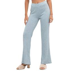 LACOFIA Damen Hosen Rippenstrick Schlaghosen mit Elastische Taille Stretch Einfarbig Freizeithose für Damen, Einheitsgröße (2799) Hellgrau von LACOFIA