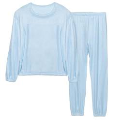 LACOFIA Damen Schlafanzüge Warme Polar Fleece Pyjama Set Winter Langarm Hausanzug Paar Nachtwäsche Mit Lange Oberteile Und Hosen Für Frauen Blau 2XL von LACOFIA