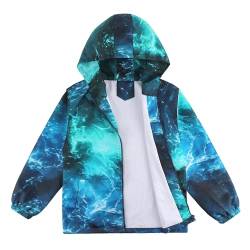 LACOFIA Jungen Wasserdichte Jacke Kinder Wasserabweisend Schule Übergangsjacke mit Kapuze und Gefüttert Leichte Outdoor Regenjacke für Kinder Blaue Welle 110/116 (Etikett 6) von LACOFIA