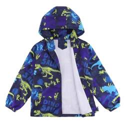 LACOFIA Jungen Wasserdichte Jacke Kinder Wasserabweisend Schule Übergangsjacke mit Kapuze und Gefüttert Leichte Outdoor Regenjacke für Kinder Blauer Dinosaurier 134/140 (Etikett 10) von LACOFIA