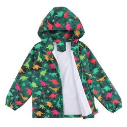 LACOFIA Jungen Wasserdichte Jacke Kinder Wasserabweisend Schule Übergangsjacke mit Kapuze und Gefüttert Leichte Outdoor Regenjacke für Kinder Grüner Dinosaurier 122/128 (Etikett 8) von LACOFIA