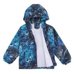 LACOFIA Jungen Wasserdichte Jacke Kinder Wasserabweisend Schule Übergangsjacke mit Kapuze und Gefüttert Leichte Outdoor Regenjacke für Kinder Marineblauer Astronaut 110/116 (Etikett 6) von LACOFIA