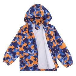 LACOFIA Jungen Wasserdichte Jacke Kinder Wasserabweisend Schule Übergangsjacke mit Kapuze und Gefüttert Leichte Outdoor Regenjacke für Kinder Orange Tarnfarbe 98/104 (Etikett 4) von LACOFIA