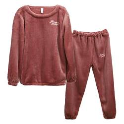 LACOFIA Kinder Mädchen Schlafanzüge Warme Polar Fleece Pyjama Set Winter Langarm Hausanzug Nachtwäsche Pjs Mit Lange Oberteile Und Hosen Dunkelrot 6-7 Jahre 120 von LACOFIA