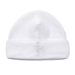 LACOFIA Neugeborene Jungen Mädchen Taufe Hut Unisex Baby Baumwolle Beanie Mütze mit Stickerei Weiß 0-3 Monate von LACOFIA