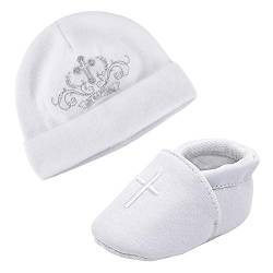 LACOFIA Neugeborene Taufe Schuhe Baby Mädchen Weiche Sohle rutschfest Hausschuhe und Bestickter Weiß Beanie Hut Set Pack 2 6-12 Monate von LACOFIA