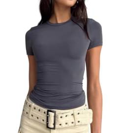 LACOZY Damen Basic Crop Tops Einfarbig Kurzarm Rundhalsausschnitt Shirt Y2K Slim Fit T-Shirt Streetwear, 03 Grau, Large von LACOZY