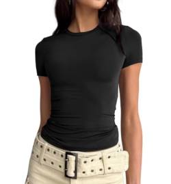 LACOZY Damen Skim Dupes Basic Crop Tops Einfarbig Kurzarm Rundhals Shirt Y2K Slim Fit T-Shirt Streetwear, Schwarz , Small von LACOZY