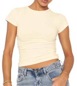 LACOZY Damen Skim Dupes Basic Crop Tops Einfarbig Kurzarm Rundhals Shirt Y2K Slim Fit T-Shirt Streetwear, aprikose, Small von LACOZY