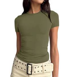LACOZY Damen Skim Dupes Basic Crop Tops Einfarbig Kurzarm Rundhals Shirt Y2K Slim Fit T-Shirt Streetwear, armee-grün, Small von LACOZY