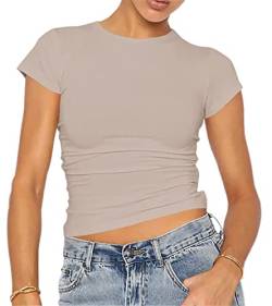 LACOZY Damen Skim Dupes Basic Crop Tops Einfarbig Kurzarm Rundhals Shirt Y2K Slim Fit T-Shirt Streetwear, taupe, M von LACOZY