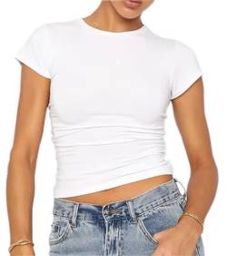 LACOZY Damen Skim Dupes Basic Crop Tops Einfarbig Kurzarm Rundhals Shirt Y2K Slim Fit T-Shirt Streetwear, weiß, Large von LACOZY