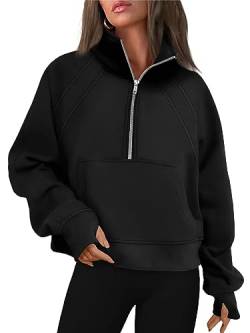 LACOZY Damen Sweatshirt mit halbem Reißverschluss, Fleece-gefüttert, hoher Kragen, langärmelig, bauchfreies Oberteil, Schwarz , 48 von LACOZY