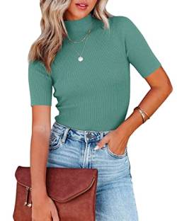 Lacozy Damen Tunika Shirt Stehkragen Top Kurzarm Slim Fit Rippstrick Pullover Sweater, Blau Grün, Groß von LACOZY