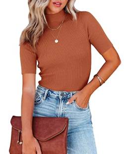 Lacozy Damen Tunika Shirt Stehkragen Top Kurzarm Slim Fit Rippstrick Pullover Sweater, Caramel, Mittel von LACOZY