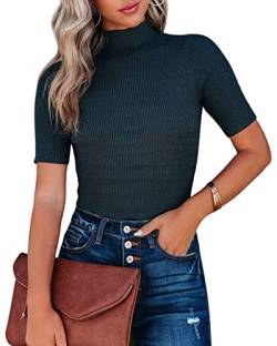 Lacozy Damen Tunika Shirt Stehkragen Top Kurzarm Slim Fit Rippstrick Pullover Sweater, Marineblau, X-Groß von LACOZY