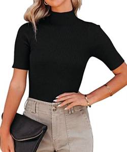 Lacozy Damen Tunika Shirt Stehkragen Top Kurzarm Slim Fit Rippstrick Pullover Sweater, Schwarz, Groß von LACOZY