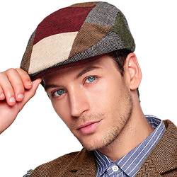 Herren Ivy Gatsby Newsboy Cap – Klassische Wollmischung Tweed Flat Cap Cabbie Hat Herren, Patchwork 02 mit roter Krempe, S/M von LADYBRO