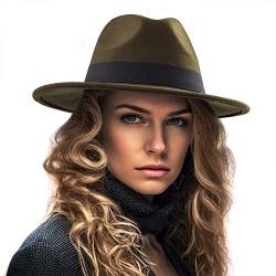 LADYBRO Fedora Hüte für Frauen 100% Wolle Wechselband Gürtelschnalle Filz breite Krempe Strohhut Panamahut, 004 Grün, Größe: 56 cm, passend für 55,9 cm – 57,8 cm, Medium von LADYBRO