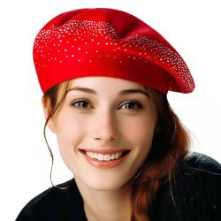 LADYBRO Strass Barett Hüte für Damen 2 Schichten Wolle Französische Hut Damen Winter Warm Hut, Rot-44005., Einheitsgröße von LADYBRO