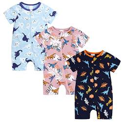 LAEMILIA 3PCS Baby Kurzarm Strampler Junge Mädchen Sommer Pyjama Schlafanzug Baumwolle Neugeboren Overalls Jumpsuit Kleinkind Cartoon Schlafstrampler Babykleidung mit Reißverschluss A 6-9 Monate von LAEMILIA