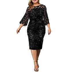 LAEMILIA Damen Bleistiftkleid große Größen elegant Abendkleid Bodycon Pailletten Glitzer Kleider 3/4 Ärmel Cocktailkleid figurbetontes Kleid mit Schlitz Schwarz 3XL von LAEMILIA