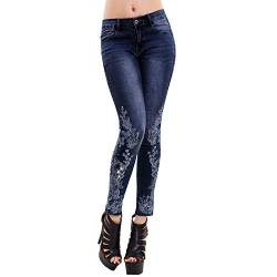 LAEMILIA Damen Skinny Jeans Blau Blumen Stickerei Slim Fit Stretch Jeanshosen Casual Leggings von LAEMILIA